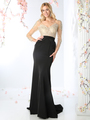CD-P106 Embroidered Bodice Mesh Long Sleeve Evening Dress with Train - Black Nude, Front View Thumbnail