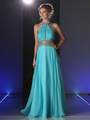CD-PC905 Halter Neck Evening Dress with Keyhole  - Aqua, Front View Thumbnail
