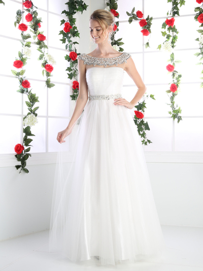 CD-PC908 Off Shoulder Bridal Dress with Beaded Trim - Ivory, Front View Medium