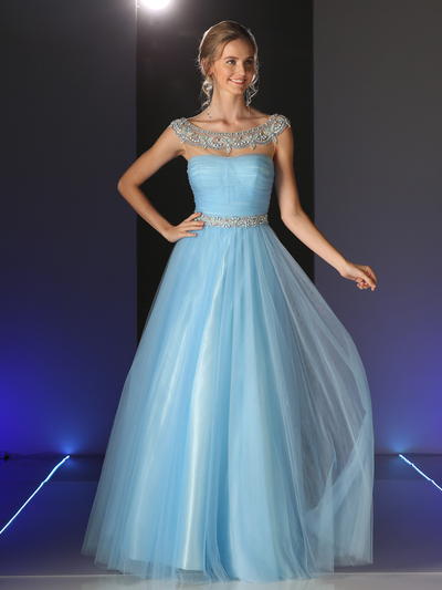 CD-PC908 Off Shoulder Bridal Dress with Beaded Trim - Perry Blue, Front View Medium
