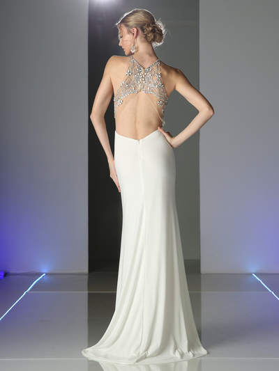 CD-PC911 Jeweled Strap Halter Top Evening Dress - Off White, Back View Medium