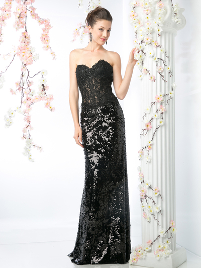 CD-R2014 Sequined gown with lace applique bodice - Black, Front View Medium