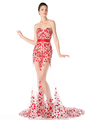 CD-S5240 Floral Evening Gown with Sheer Illusion Skirt - Red, Front View Thumbnail