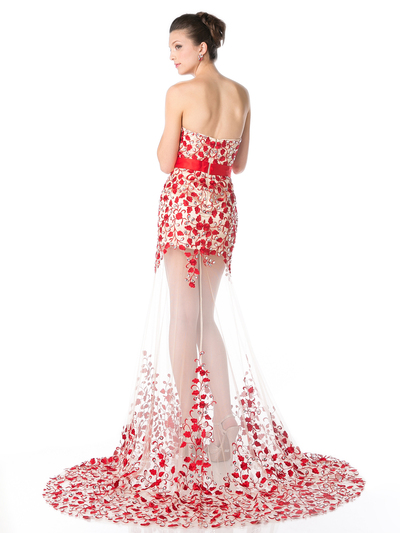 CD-S5240 Floral Evening Gown with Sheer Illusion Skirt - Red, Back View Medium