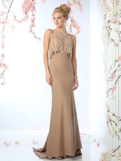 CD-SL767 Lace Caplet Prom Evening Dress - Khaki, Front View Medium
