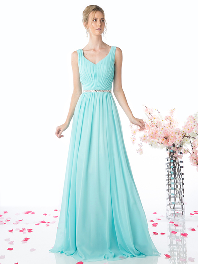 CD-W0014 Sleeveless Pleated Evening Dress with Belt - Aqua, Front View Medium