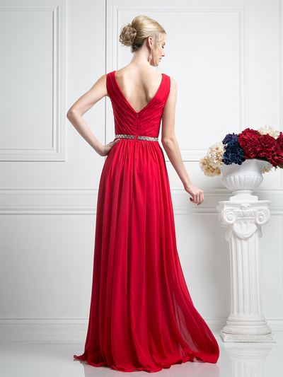 CD-W0014 Sleeveless Pleated Evening Dress with Belt - Red, Back View Medium