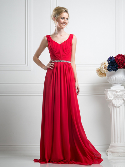 CD-W0014 Sleeveless Pleated Evening Dress with Belt - Red, Front View Medium