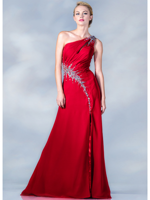 CJ86 One Shoulder Cut-Out and Beaded Prom Dress, Red