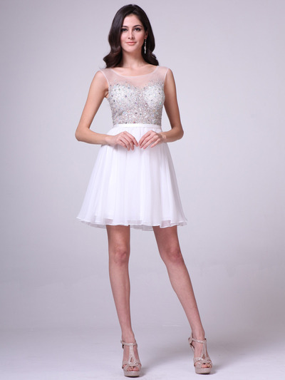 CJ90S Sheer Jeweled Bodice Short Prom Dress - Off White, Front View Medium