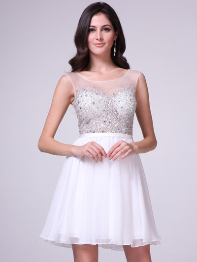 CJ90S Sheer Jeweled Bodice Short Prom Dress - Off White, Alt View Medium