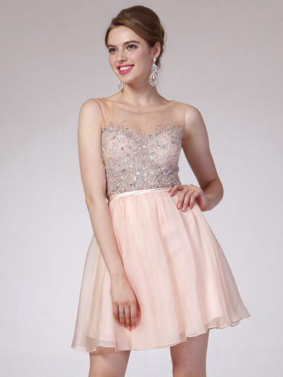 CJ90S Sheer Jeweled Bodice Short Prom Dress - Peach, Front View Medium