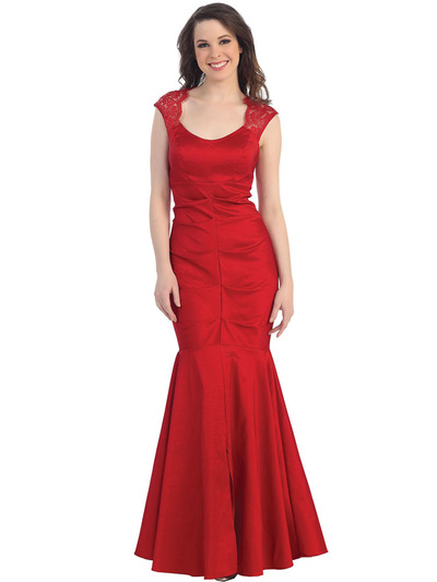 CN1317 Lace Sleeveless Mermaid Evening Dress - Red, Front View Medium