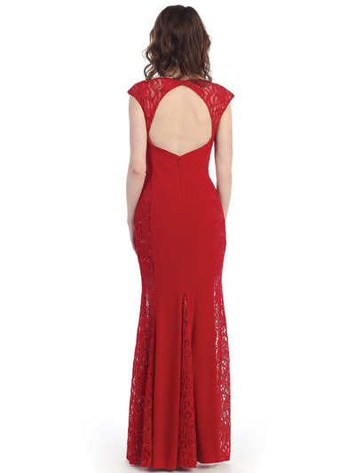 CN1400 Lace Panel Jersey Evening Dress - Red, Back View Medium