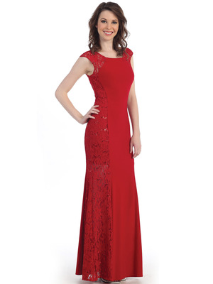 CN1400 Lace Panel Jersey Evening Dress, Red