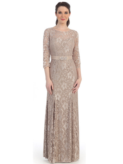 CN1404 Grace and Elegant 3/4 Sleeve Evening Gown - Taupe, Front View Medium
