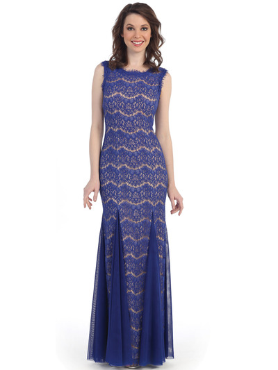 CN1413 Sleeveless Lace Overlay Evenging Dress with Godet Hem - Royal Nude, Front View Medium