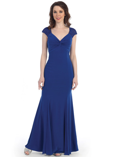 CN1416 Lace Cap Sleeve Evening Dress - Royal, Front View Medium