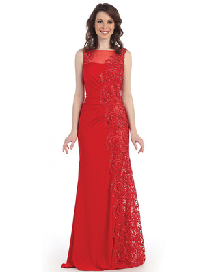 CN3010 Illusion Yoke Embroidery Evening Dress, Red
