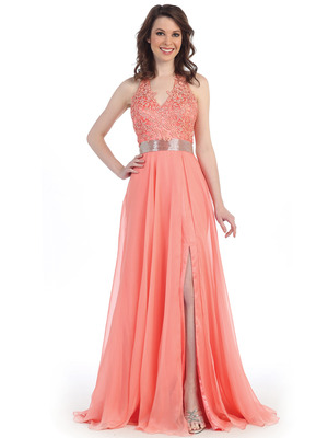 CN50317 Halter Lace Chiffon Evening Dress with Slit, Coral