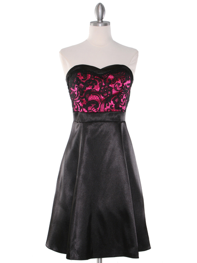 DPR1261 Floral Lace Bust Tea Length Dress - Fuschia, Front View Medium