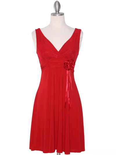 CP2134-D Lace Top Cocktail Dress - Red, Front View Medium