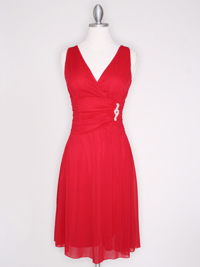 CP2178 V Neck Tea Length Cocktail Dresses - Red, Front View Medium