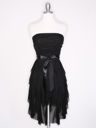 CP2211 Strapless Ruffel High Low Homecoming Dress with Sash  - Black, Front View Medium
