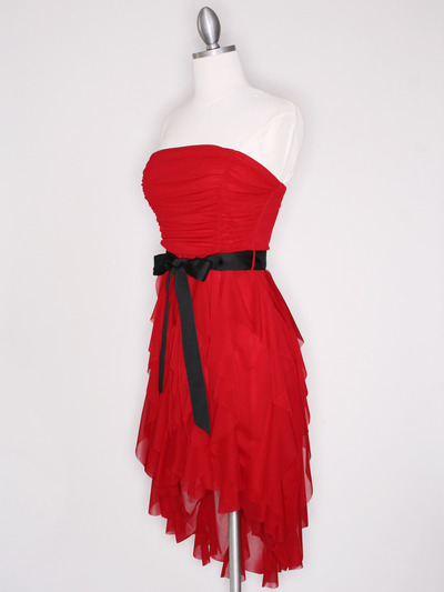 CP2211 Strapless Ruffel High Low Homecoming Dress with Sash  - Red, Alt View Medium