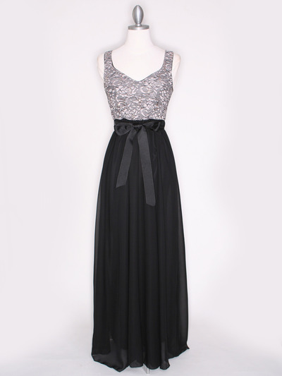 CP2257-CH Long Evening Dress with Sash - Black Gold, Front View Medium