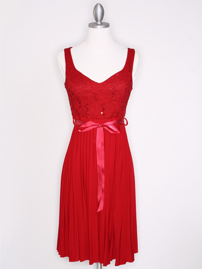 CP2257 Pleated Cocktail Dress with Sash - Red, Front View Medium