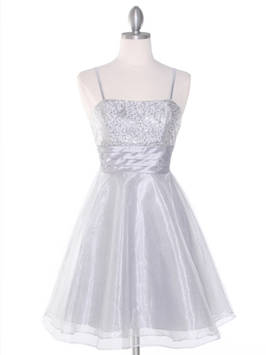 D7730 Sequin Top Glittering Cocktail Dress, Silver