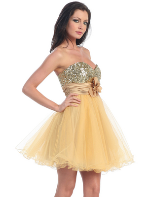 D8000 Sequin Top Sweetheart Cocktail Dress, Gold