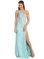 D8269 One Shoulder Beaded Evening Dress - Aqua, Front View Thumbnail