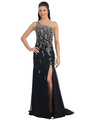 D8269 One Shoulder Beaded Evening Dress - Black, Front View Thumbnail