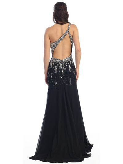 D8269 One Shoulder Beaded Evening Dress - Black, Back View Medium
