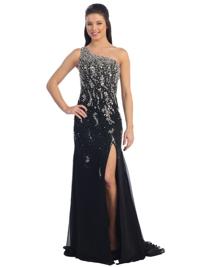 D8269 One Shoulder Beaded Evening Dress - Black, Front View Medium