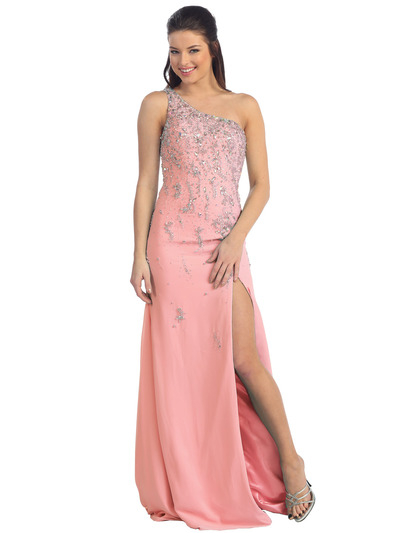 D8269 One Shoulder Beaded Evening Dress - Pink, Front View Medium