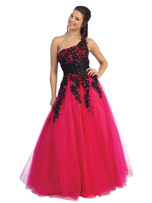 D8340 One Shoulder Floral Lace Overlay Gown, Fuschia