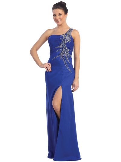 D8366 Beaded One Shoulder Evening Dress - Royal Blue, Front View Medium