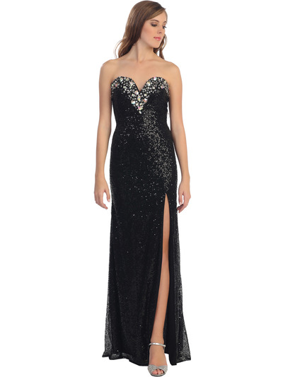 D8391 Strapless Sequin Evening Dress with Slit - Black, Front View Medium