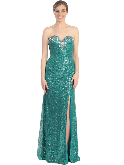 D8391 Strapless Sequin Evening Dress with Slit - Emerald, Front View Medium