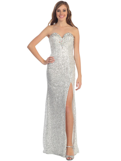 D8391 Strapless Sequin Evening Dress with Slit - Silver, Front View Medium