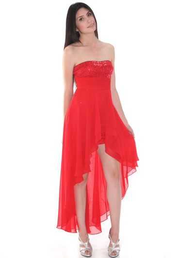 D8402 Strapless Sequin High-low Cocktail Dress - Red, Front View Medium