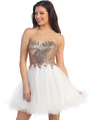 D8416 Sparkling Top Short Winter Formal Dress - Gold White, Front View Thumbnail