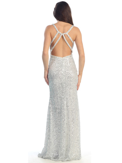 D8468 Jeweled and Sequined Evening Dress - White Silver, Back View Medium