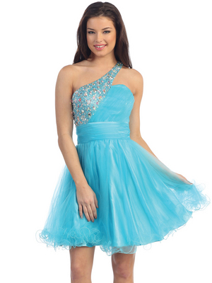 D8473 Jeweled One Shoulder Homecoming Dress, Light Blue