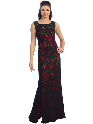 D8481 Lace Overlay Evening Dress, Black Red