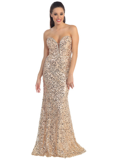 D8641 Strapless Sweetheart Sequin Prom Dress - Gold, Front View Medium