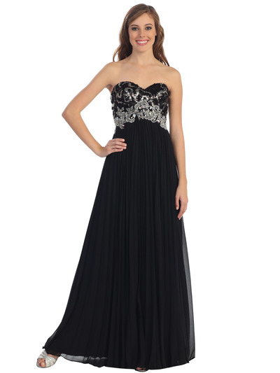 D8643 Strapless Sequin Pleated Long Prom Dress - Black, Front View Medium